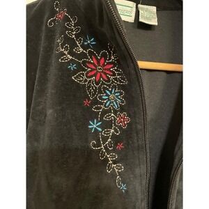 Vintage 90s Black Velour Top‎ Jacket Zip Embroidered Shenanigans Floral S Granny
